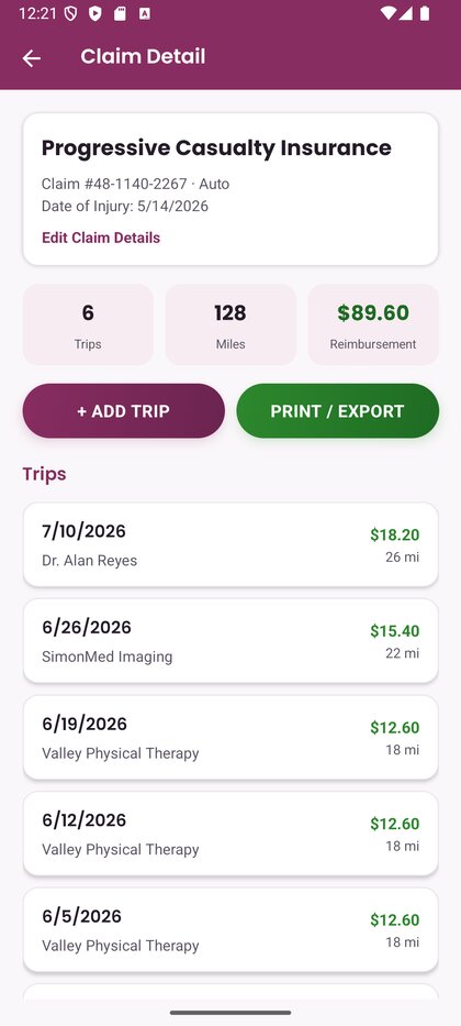 The Discover Claims app Claim Detail screen showing trip count, total miles, reimbursement total, and a list of trips.
