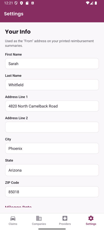 The Discover Claims app Settings screen showing the Your Info section with name and address fields.